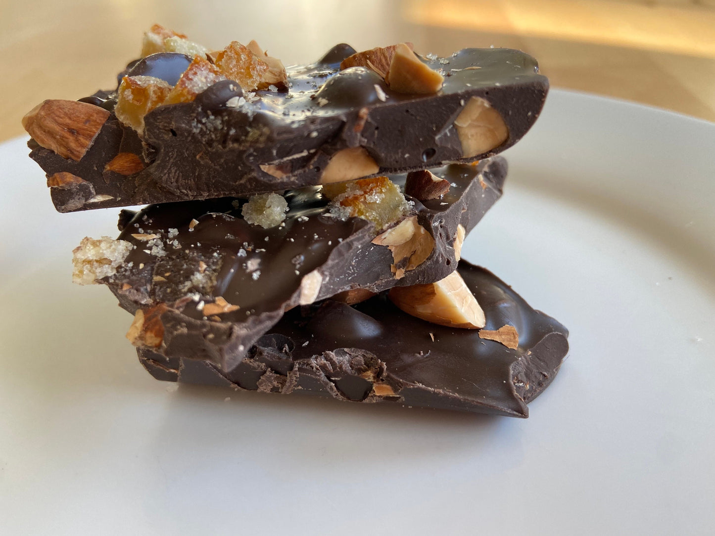 Dark Chocolate Almond Bark with Candied Ginger and Sea Salt