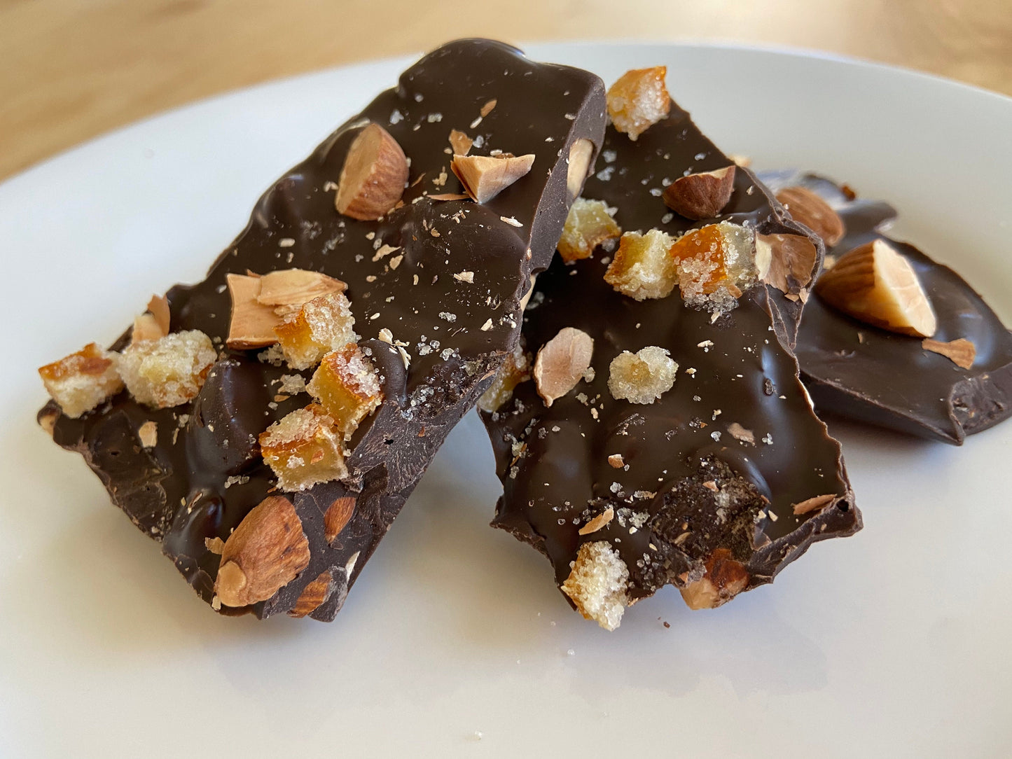 Dark Chocolate Almond Bark with Candied Ginger and Fleur de Sel